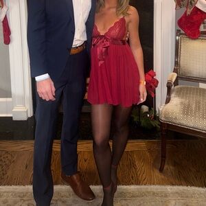 Victoria's Secret VTG Y2K Maroon Lace Bow Pleated Babydoll Mini Slip Small